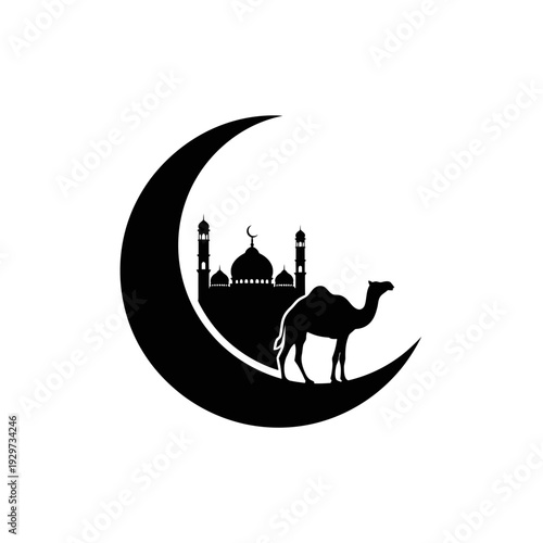Crescent moon and mosque silhouette with a camel, symbolizing Islamic culture, spirituality, and desert journeys, an elegant graphic for religious celebrations and cultural designs