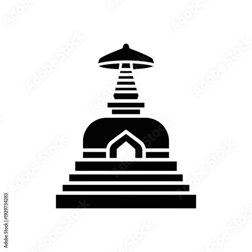 Buddhist stupa icon in black and white, a symbol of peace and enlightenment