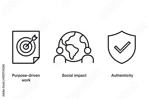 set of hand drawn purpose driven work social impact and authenticity icons in outline style