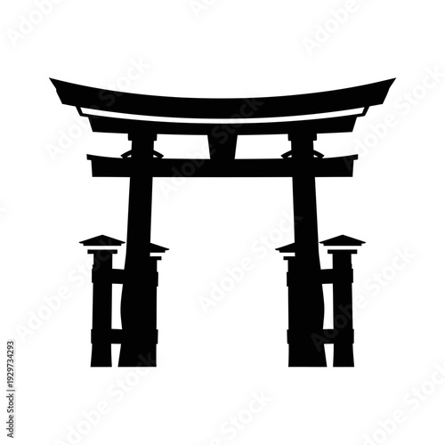 Bold graphic silhouette of a traditional Japanese cultural gateway, symbolizing sacred passage and ancient heritage, ideal for minimalist iconic design elements and travel branding