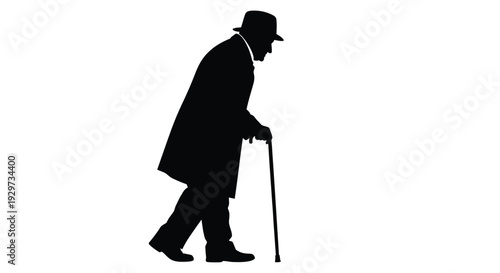 Silhouette of an elderly man walking with a cane against a white background