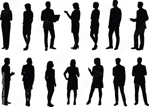 Business people silhouettes, professional teamwork vector, office meeting illustration, corporate attire artwork, workplace diversity design, career icon set, collaboration concept graphic