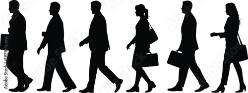Business people walking silhouette, professional commute, corporate workforce, office attire, teamwork concept, career journey, leadership, business vector, workplace culture, daily routine