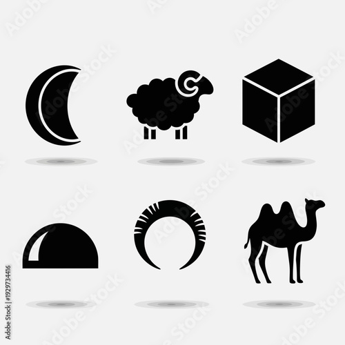 Collection of essential silhouette icons representing Islamic culture and traditions, perfect for design elements related to Eid al-Adha celebrations and Middle Eastern themes