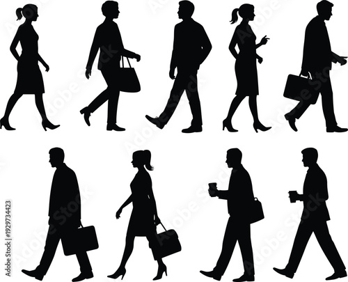 Business people walking silhouettes, professional commute vector, office attire illustration, urban lifestyle artwork, corporate routine design, career icon set, workplace concept