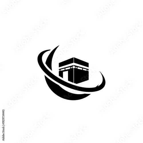 Kaaba pilgrimage symbol with elegant dynamic swirl, representing spiritual journey and devotion. Iconic black and white vector graphic for Islamic faith and worship designs