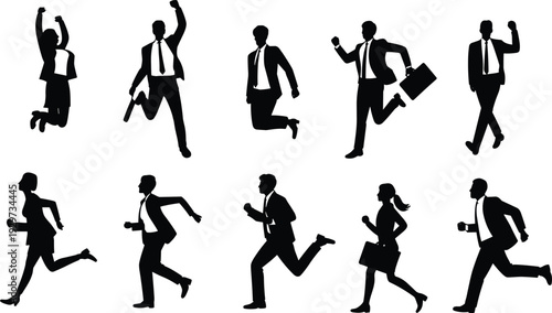 Business professional silhouettes, corporate people vector illustration, dynamic poses, success concept, teamwork icons, running executives, jumping managers, walking employees, ambition design