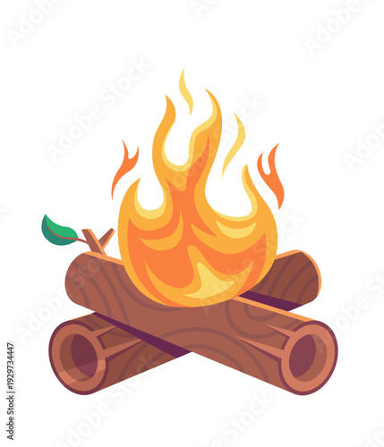 Stylized cartoon campfire with burning logs and bright flames.