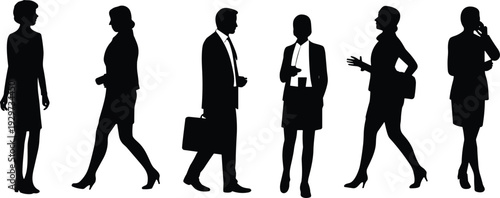 Business professional silhouettes, corporate people vector illustration, office teamwork icons, walking executives, standing managers, talking employees, briefcase figures, mobile phone professionals