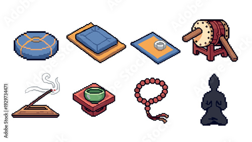 pixel art set of meditation and zen items in hand drawn style for relaxation and mindfulness