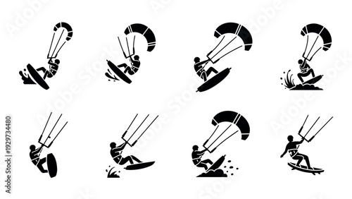 kitesurfing silhouette icon set with hand drawn style and water sports theme