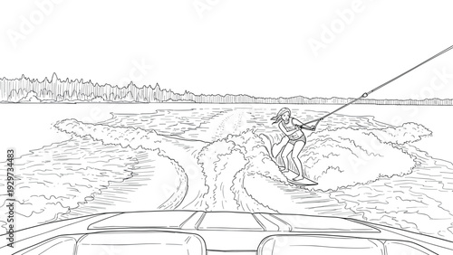 woman wakeboarding on a lake pulled by a boat hand drawn line art summer water sport activity