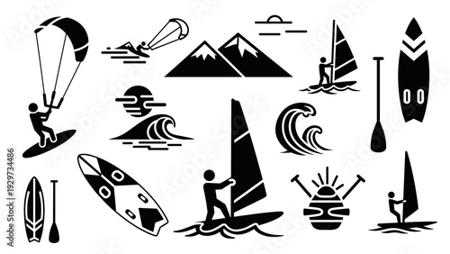 set of black and white hand drawn windsurfing and kitesurfing icons with waves mountains sun and paddle illustrations