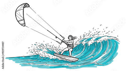 woman kiteboarding on ocean wave hand drawn line art illustration with blue splash