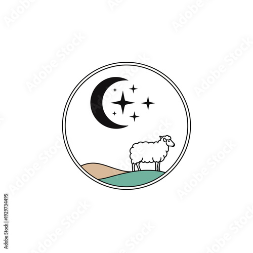 Charming sheep under a starry crescent moon in a tranquil landscape, perfect for pastoral and nocturnal themes