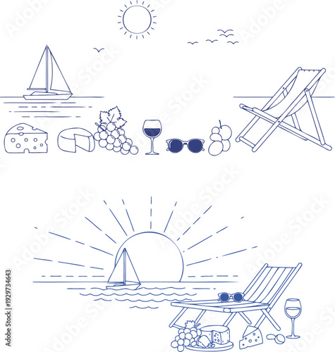 Serene beach picnic with cheese grapes wine and sailboat at sunset complemented by a deck chair and a yacht sailing