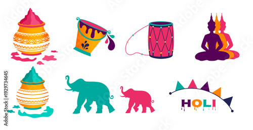 Collection of colorful vector elements for the Indian Holi festival celebration.