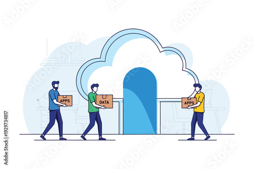 People carrying boxes towards a cloud shaped doorway representing data transfer