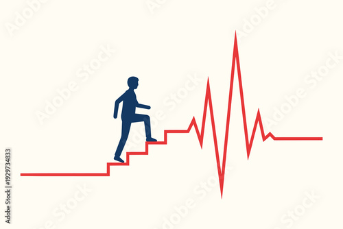 A person climbing stairs alongside a red electrocardiogram heartbeat line