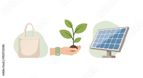 Eco friendly living concept with reusable bag green plant and solar panel for sustainable energy