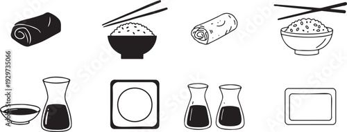 Set of simple black and white icons representing japanese food elements like sushi rolls rice bowls with chopsticks soy