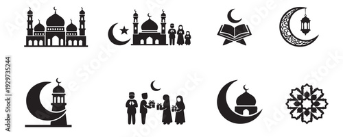 Eid Mubarak Islamic Icon Set – Mosque, Crescent Moon, Muslim Family and Ramadan Symbols Collection