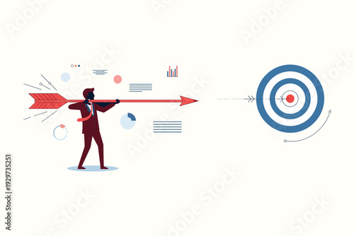 Business professional aiming an arrow at a target with focused determination
