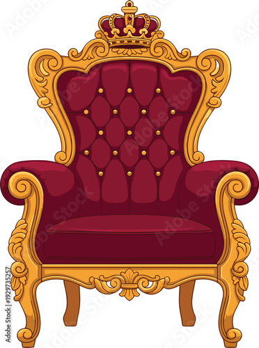 Luxurious Royal Gold Throne Vector with Red Velvet Tufted Upholstery and Golden Crown for Majesty, Leadership, Success, and Premium Kingdom Themed Designs