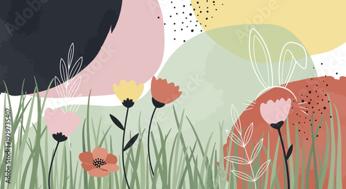 Abstract floral art with pastel shapes and delicate flowers in an artistic design