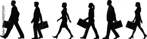Business professionals walking in line, corporate workforce silhouettes, commuting office employees, diversity in workplace, teamwork unity, professional attire, briefcases