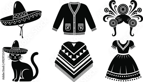 Black and white of traditional mexican attire and accessories including sombreros and a cat