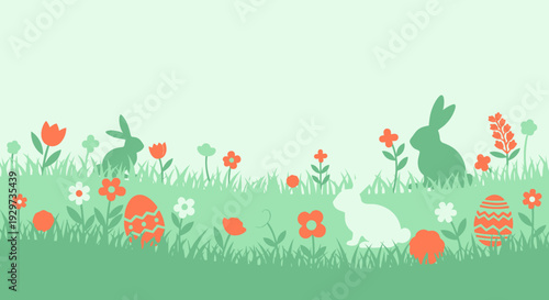 Colorful spring scene with easter bunnies and flowers in pastel minimalist style