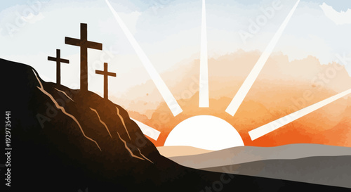 Abstract landscape with crosses at sunrise in watercolor silhouette style
