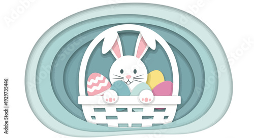 Playful easter bunny in pastel nest with colorful eggs in papercut style