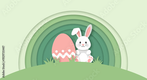 Cute paper art bunny and easter egg in pastel green layered design