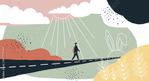 Whimsical nature journey: abstract pathway with walking figure and playful background elements