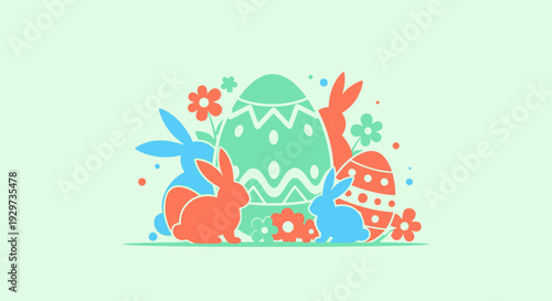 Colorful easter scene with bunnies, eggs, and flowers in minimal style