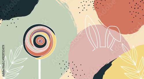 Playful abstract art with candy and bunny line elements on pastel background