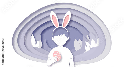 Easter bunny paper cut design: child with egg in layered pastel scene