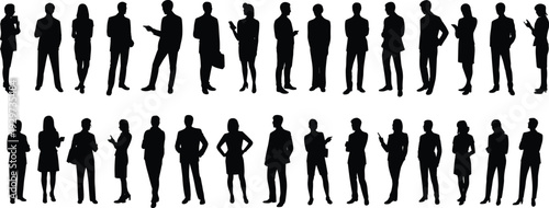 Business silhouette illustration, professional attire, office worker, corporate lifestyle, career concept, teamwork, modern workplace, human posture, social interaction, diversity