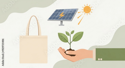 Eco friendly living concept with solar panel reusable bag and green plant in hand