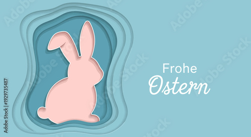 Easter bunny cutout in pastel layers with german text on blue background
