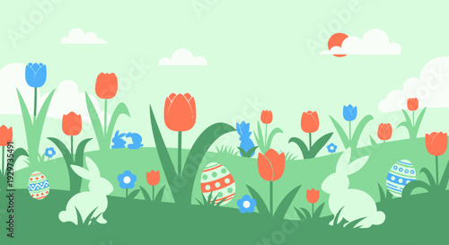 Spring meadow with colorful tulips, easter eggs, and bunnies in soft pastel hues