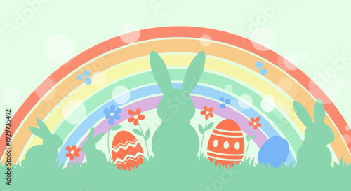Colorful easter scene with bunny silhouettes and rainbow