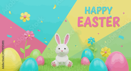 Colorful easter bunny surrounded by eggs and flowers on vibrant geometric background