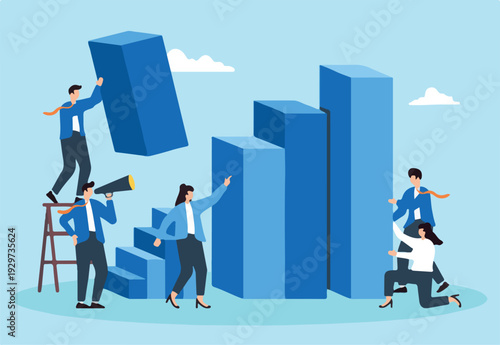  Incremental sales growth, step-by-step strategy development, data-driven progress, achieving business milestones concept vector illustration. Team of analysts constructing staircase of.