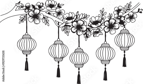 Black and white illustration of hanging lanterns with floral decorations