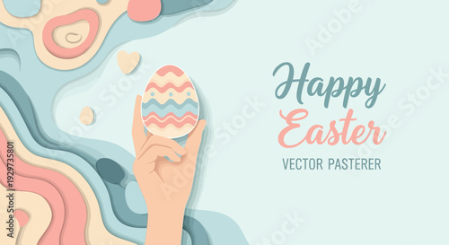 Happy easter greeting with hand holding egg in pastel paper art style