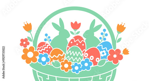 Colorful easter basket with eggs and bunnies in spring floral design