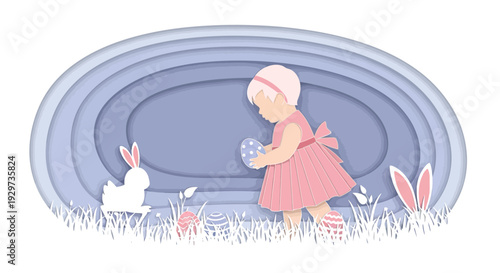 Paper cut easter scene with child and bunny celebrating spring